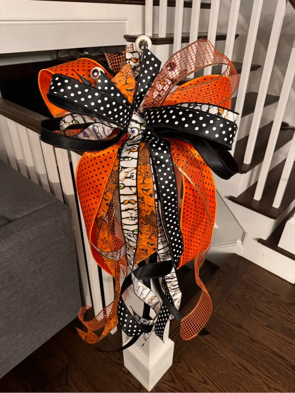 Festive Orange & Black Halloween Bow - Decorative Stair Rail Bow
